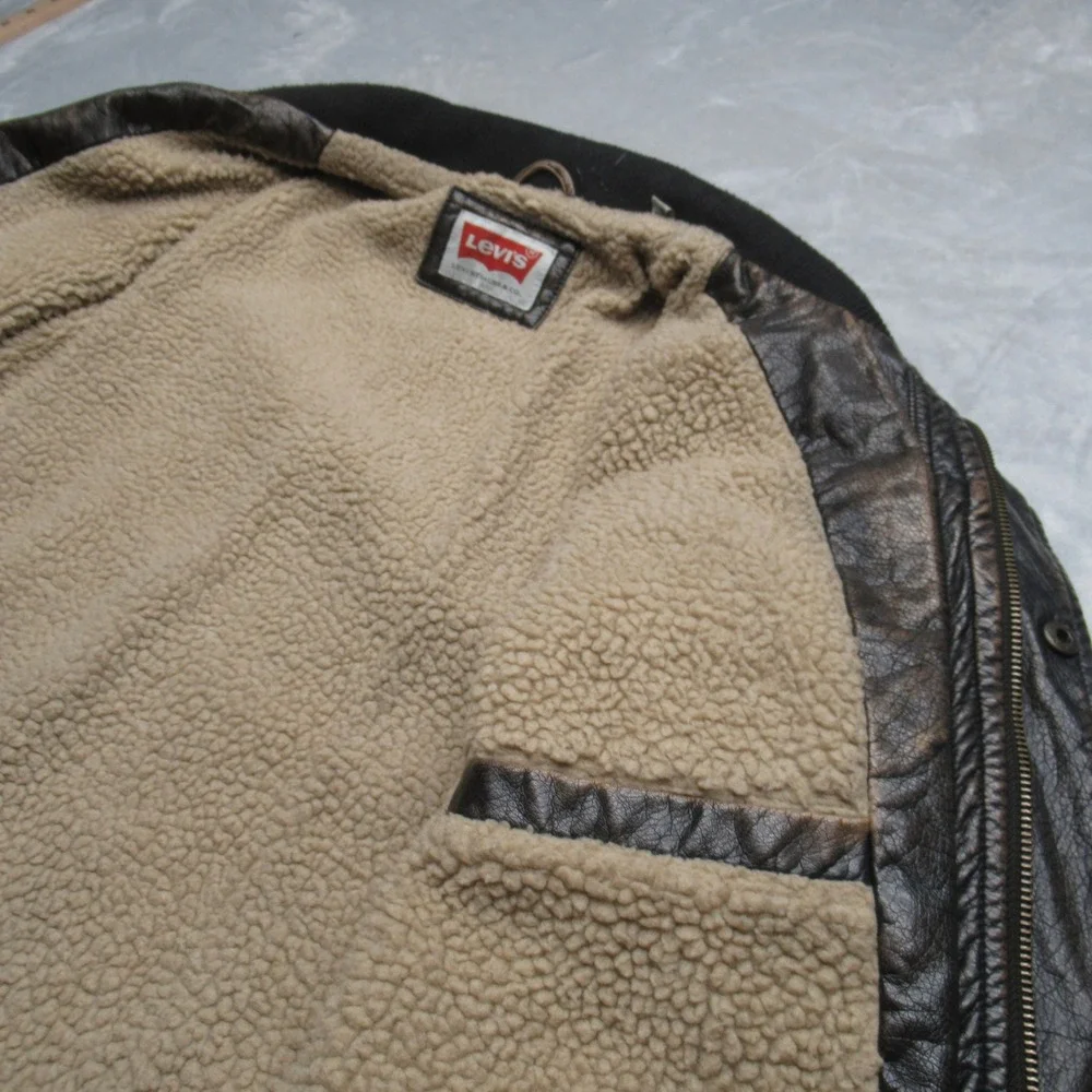 Levis Faux Leather Jacket Mens Large‎ Brown Sherpa Fleece Lined Full Zip Trucker - Picture 12 of 16
